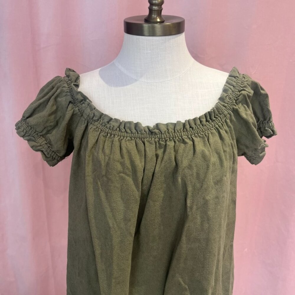 Olive Green Off Shoulder Top Size Medium Puff Sleeve Cottagecore Blouse
